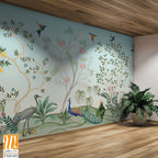 Blossom Chinoisserie Mural wallpaper, Birds, Peacock, Watercolor tree and background. [WP-FXH-652]