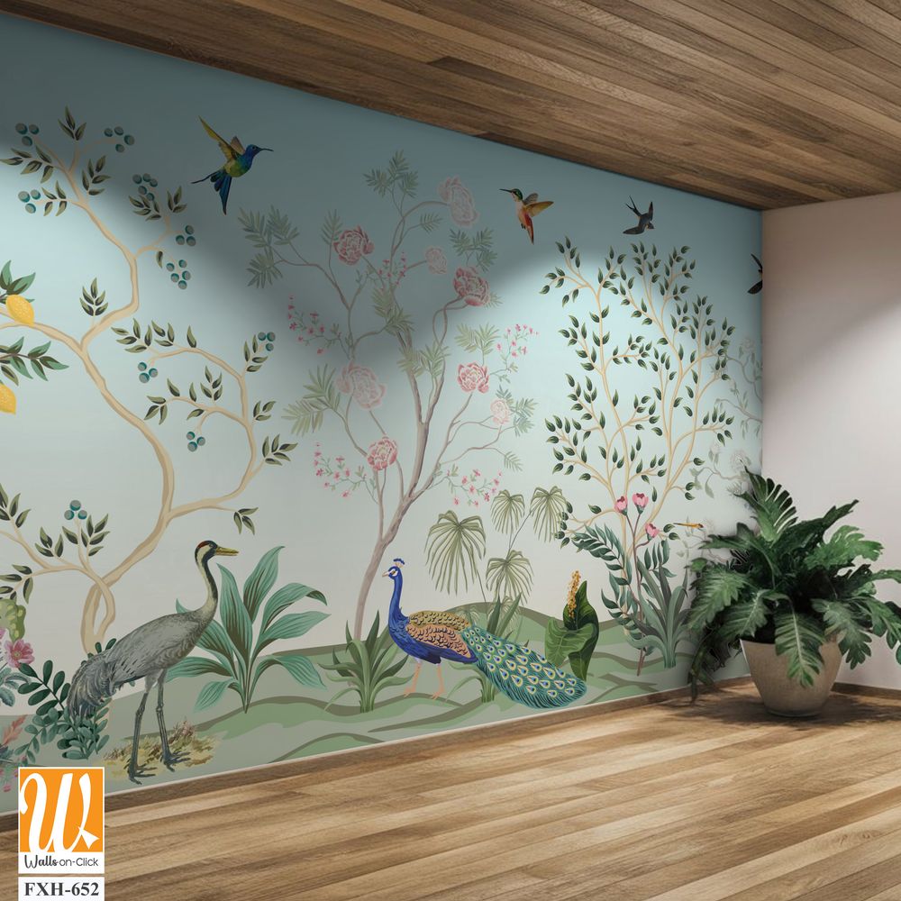 Blossom Chinoisserie Mural wallpaper, Birds, Peacock, Watercolor tree and background. [WP-FXH-652]