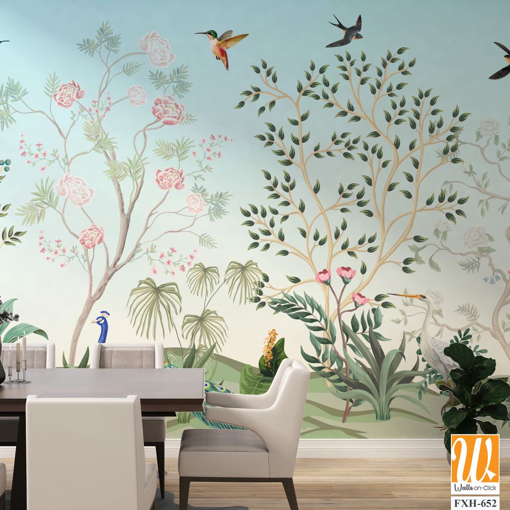 Blossom Chinoisserie Mural wallpaper, Birds, Peacock, Watercolor tree and background. [WP-FXH-652]