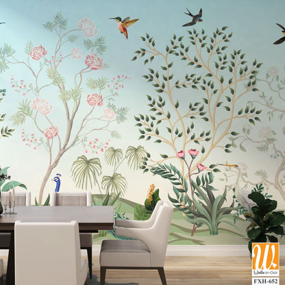 Blossom Chinoisserie Mural wallpaper, Birds, Peacock, Watercolor tree and background. [WP-FXH-652]