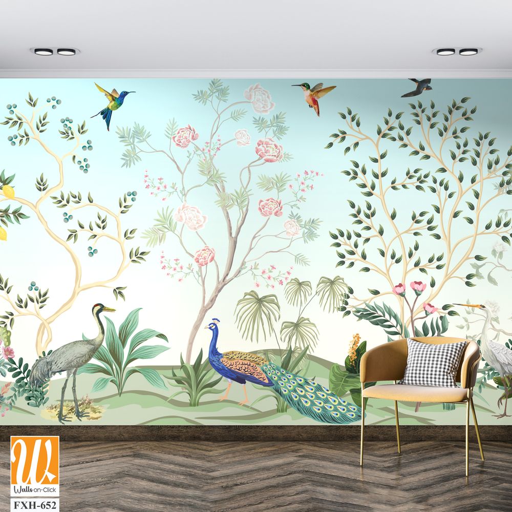 Blossom Chinoisserie Mural wallpaper, Birds, Peacock, Watercolor tree and background. [WP-FXH-652]
