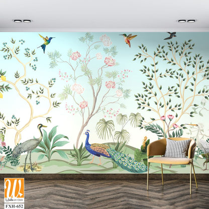 Blossom Chinoisserie Mural wallpaper, Birds, Peacock, Watercolor tree and background. [WP-FXH-652]