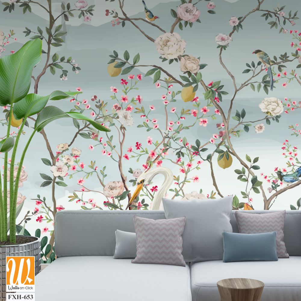 Chinoiserie - Inspired Wallpaper, Birds, Peacock, Tree, Watercolor background. [WP-FXH-653]