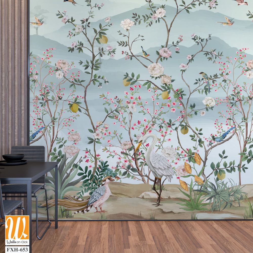 Chinoiserie - Inspired Wallpaper, Birds, Peacock, Tree, Watercolor background. [WP-FXH-653]