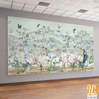 Chinoiserie - Inspired Wallpaper, Birds, Peacock, Tree, Watercolor background. [WP-FXH-653]