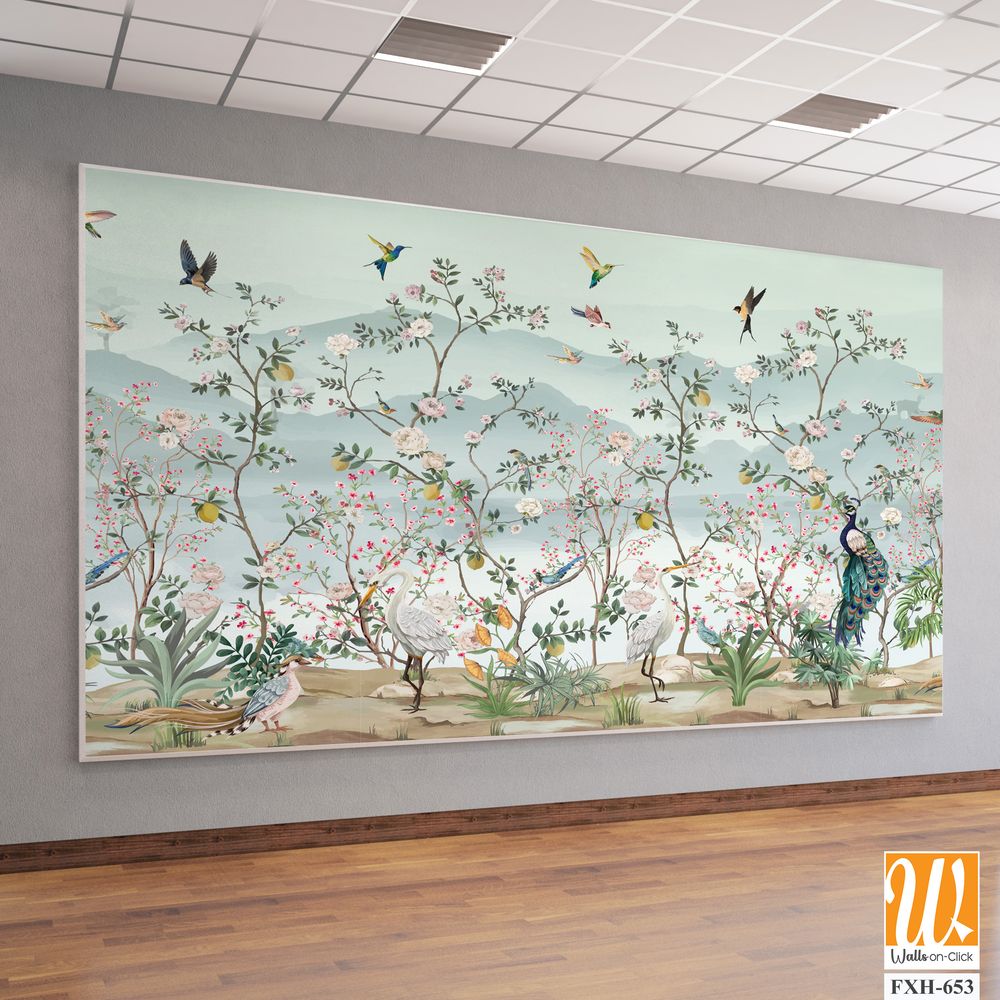 Chinoiserie - Inspired Wallpaper, Birds, Peacock, Tree, Watercolor background. [WP-FXH-653]