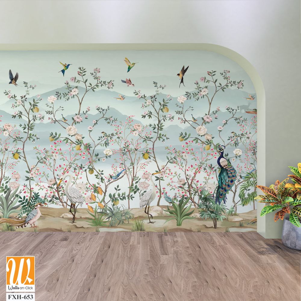 Chinoiserie - Inspired Wallpaper, Birds, Peacock, Tree, Watercolor background. [WP-FXH-653]