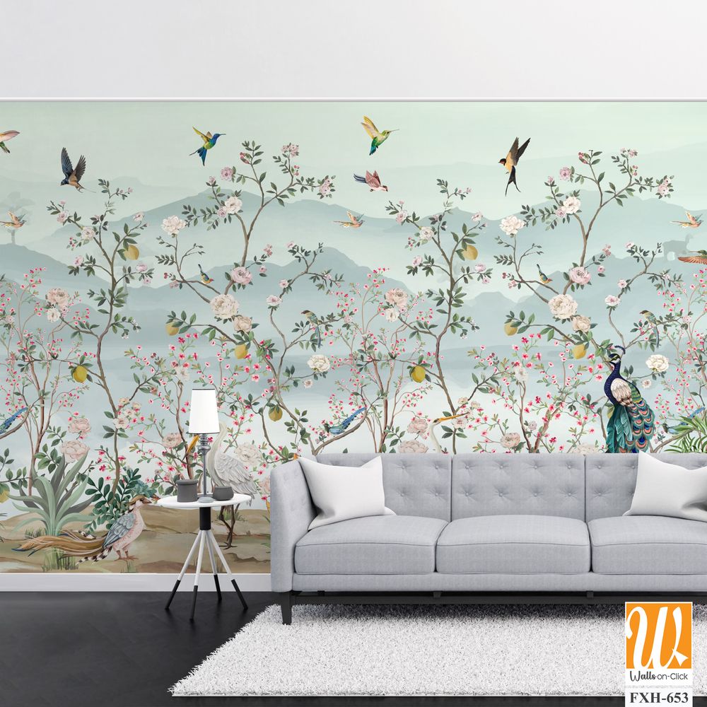 Chinoiserie - Inspired Wallpaper, Birds, Peacock, Tree, Watercolor background. [WP-FXH-653]