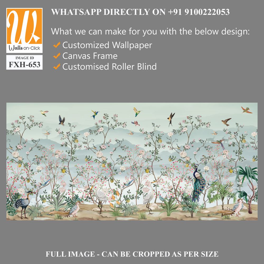 Chinoiserie - Inspired Wallpaper, Birds, Peacock, Tree, Watercolor background. [WP-FXH-653]