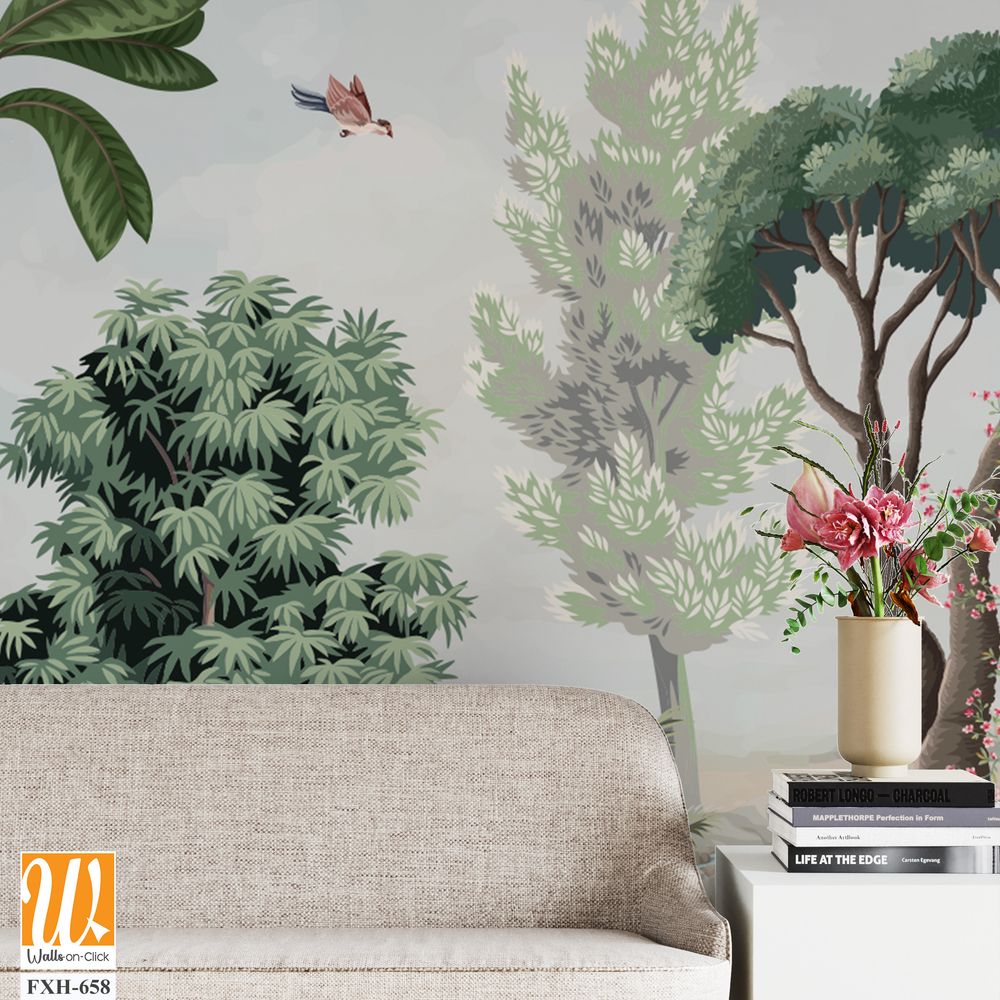 Chinoiserie Wallpaper, Garden, Jungle, animal, Beautiful Landscape, Birds, Watercolor tree. [WP-FXH-658]