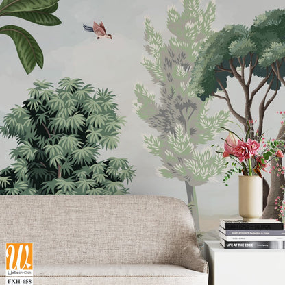 Chinoiserie Wallpaper, Garden, Jungle, animal, Beautiful Landscape, Birds, Watercolor tree. [WP-FXH-658]