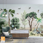 Chinoiserie Wallpaper, Garden, Jungle, animal, Beautiful Landscape, Birds, Watercolor tree. [WP-FXH-658]