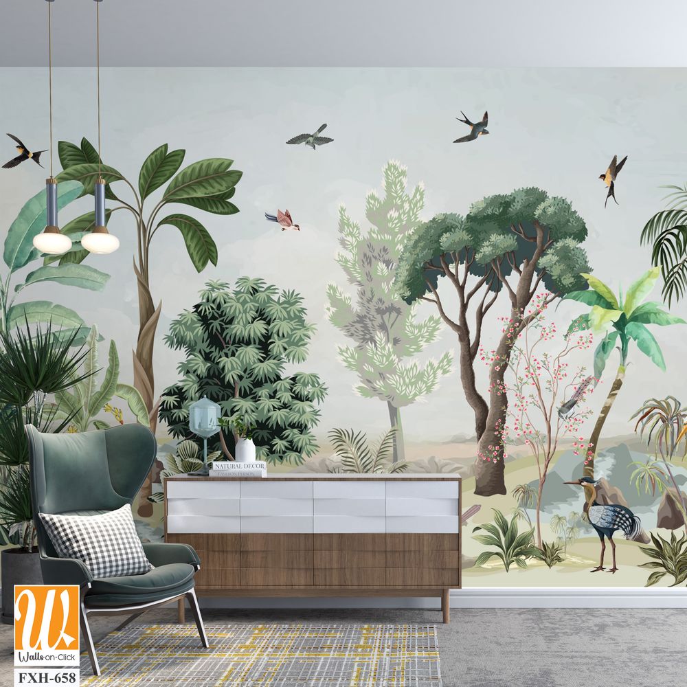 Chinoiserie Wallpaper, Garden, Jungle, animal, Beautiful Landscape, Birds, Watercolor tree. [WP-FXH-658]