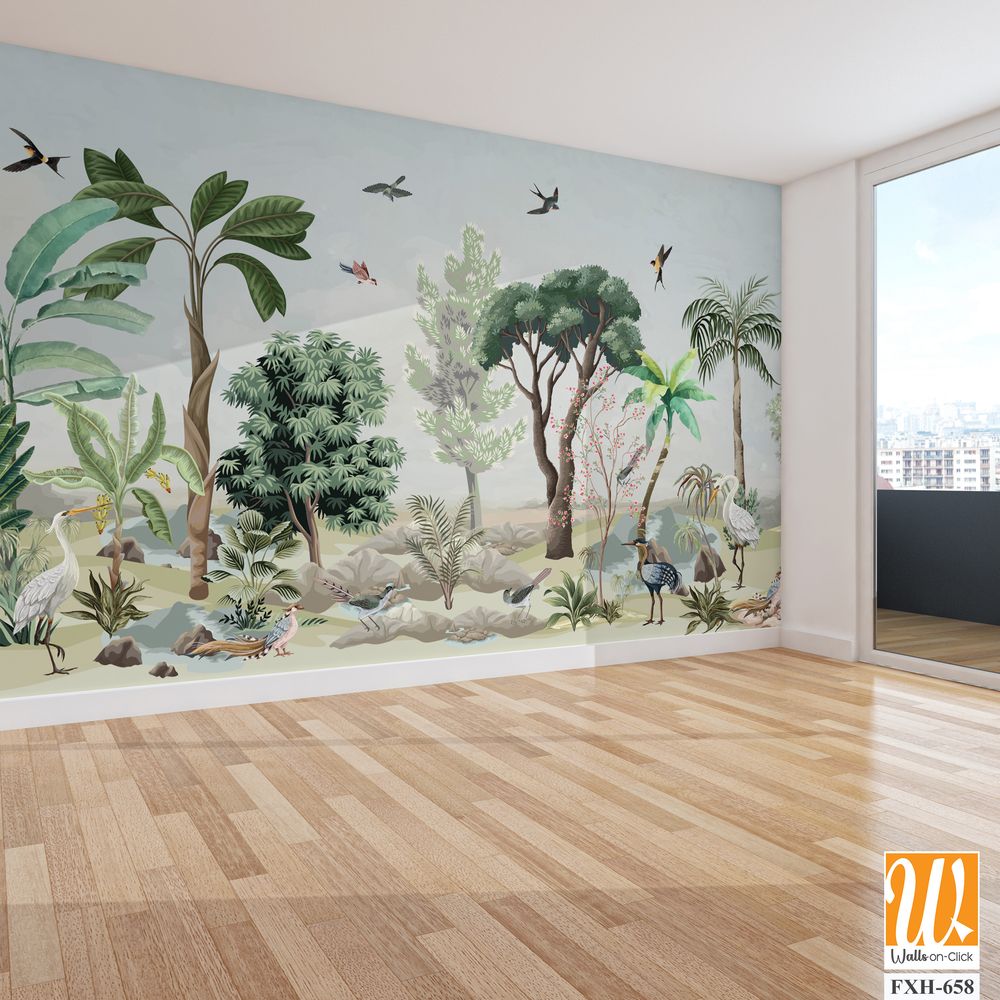Chinoiserie Wallpaper, Garden, Jungle, animal, Beautiful Landscape, Birds, Watercolor tree. [WP-FXH-658]