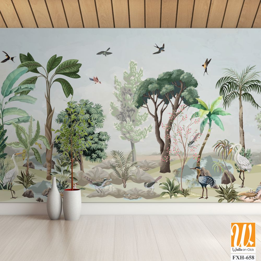 Chinoiserie Wallpaper, Garden, Jungle, animal, Beautiful Landscape, Birds, Watercolor tree. [WP-FXH-658]