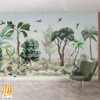 Chinoiserie Wallpaper, Garden, Jungle, animal, Beautiful Landscape, Birds, Watercolor tree. [WP-FXH-658]
