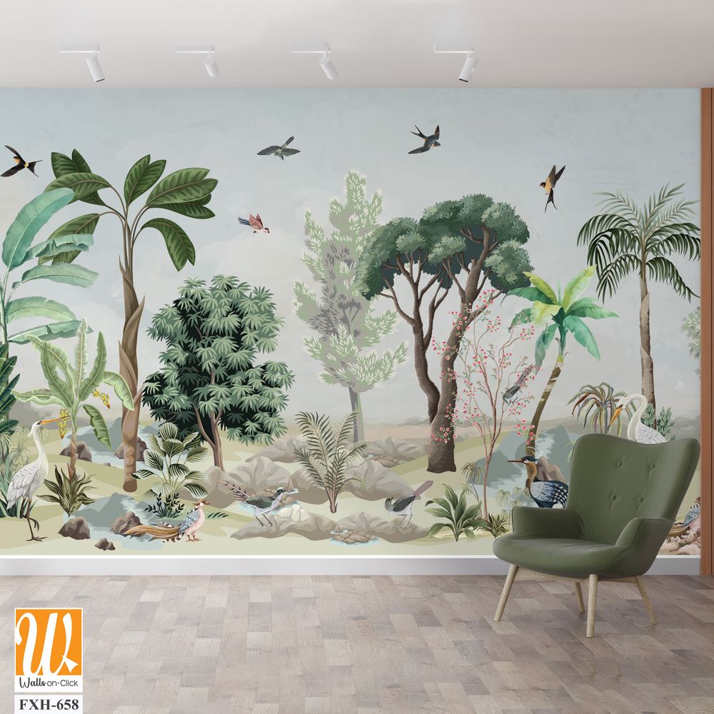 Chinoiserie Wallpaper, Garden, Jungle, animal, Beautiful Landscape, Birds, Watercolor tree. [WP-FXH-658]