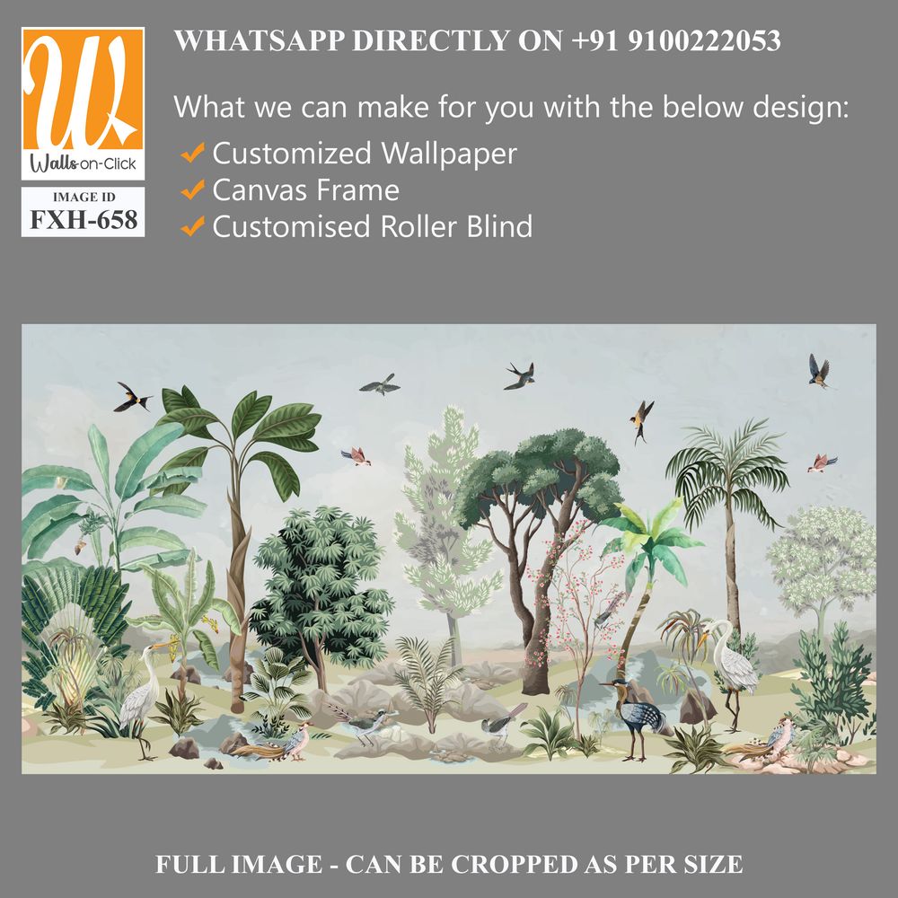 Chinoiserie Wallpaper, Garden, Jungle, animal, Beautiful Landscape, Birds, Watercolor tree. [WP-FXH-658]