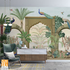 Garden arch, peacock, plant and bird vector illustration seamless pattern,Watercolor background. [WP-FXH-659]