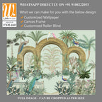 Traditional Greek Mughal garden, roman arch, parrot, bird seamless vector pattern, Watercolor Background. [WP-FXH-660]