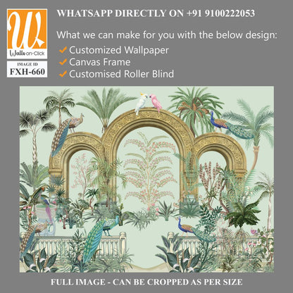 Traditional Greek Mughal garden, roman arch, parrot, bird seamless vector pattern, Watercolor Background. [WP-FXH-660]