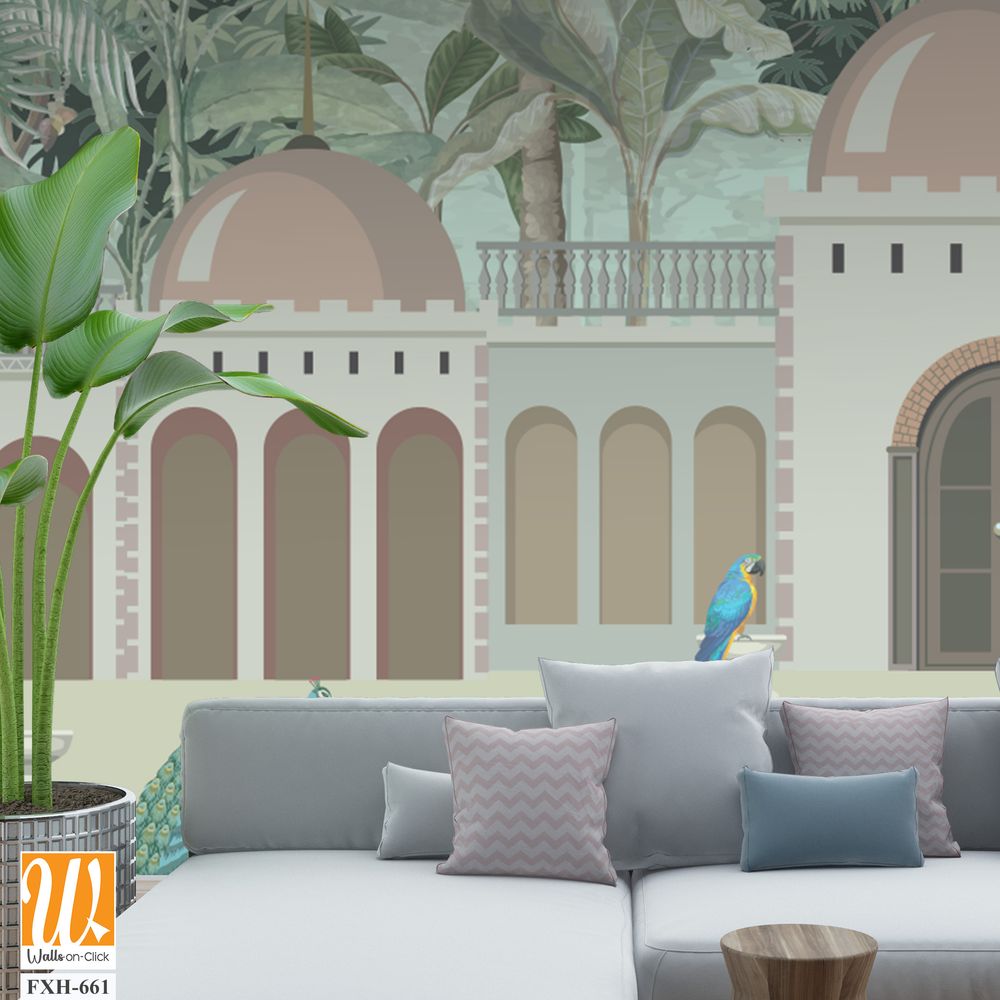 Traditional Indian Mughal emperor, Arch, Mughal Garden, Peacock, Vintage birds, Watercolor Background, Tree. [WP-FXH-661]