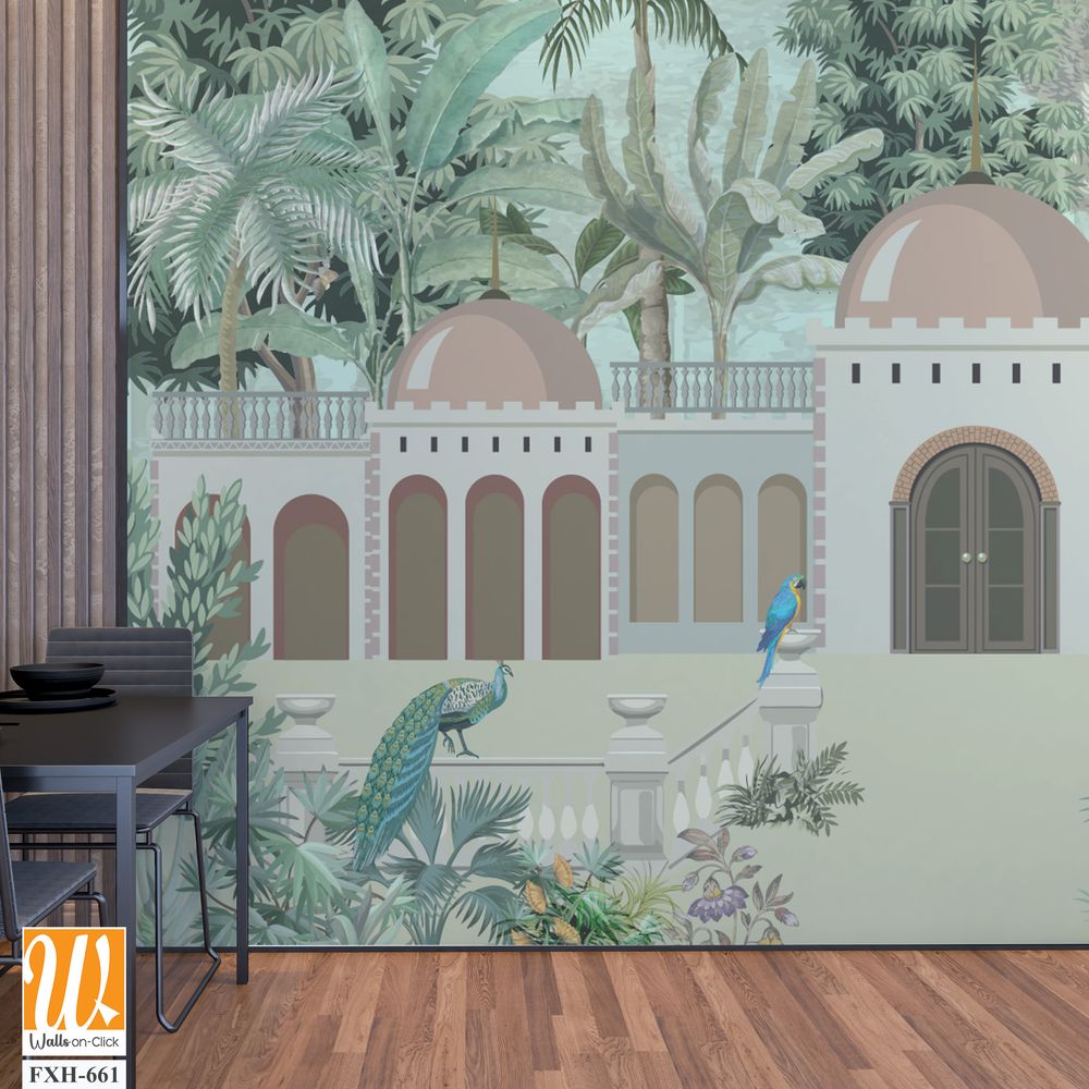 Traditional Indian Mughal emperor, Arch, Mughal Garden, Peacock, Vintage birds, Watercolor Background, Tree. [WP-FXH-661]