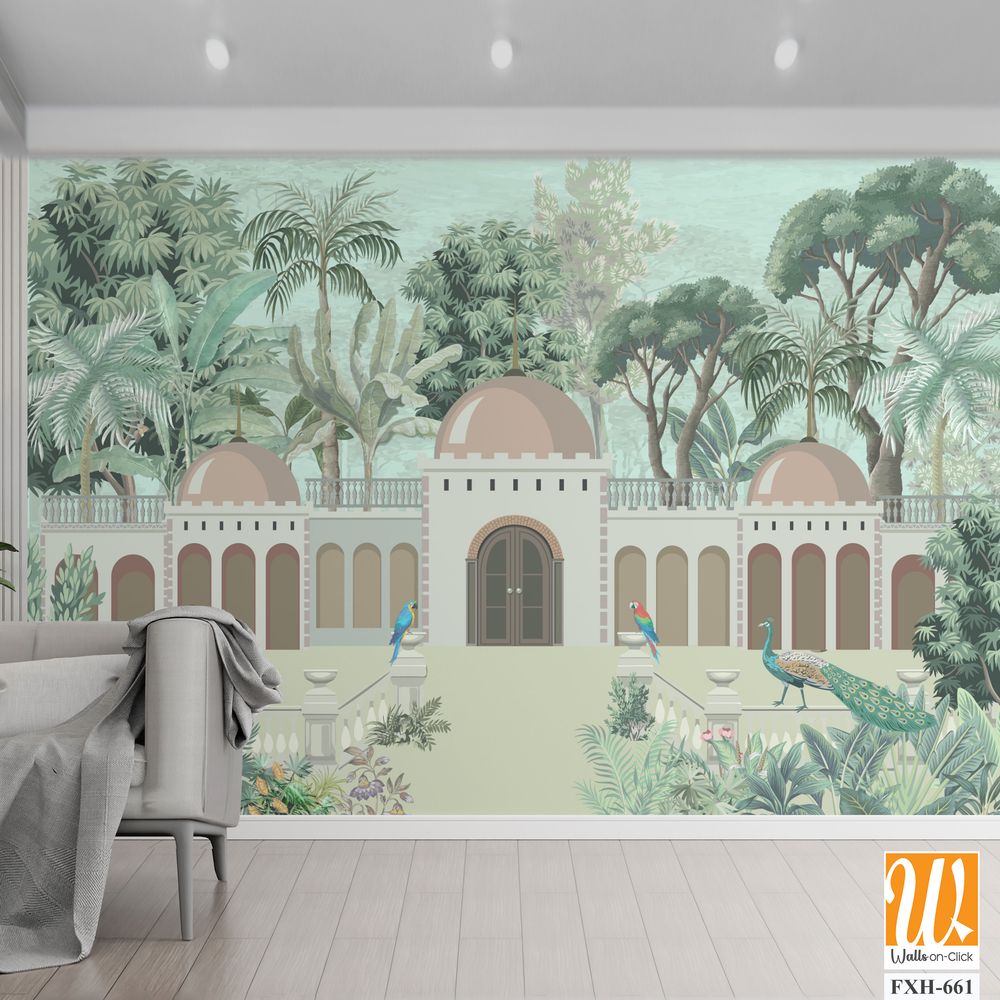 Traditional Indian Mughal emperor, Arch, Mughal Garden, Peacock, Vintage birds, Watercolor Background, Tree. [WP-FXH-661]