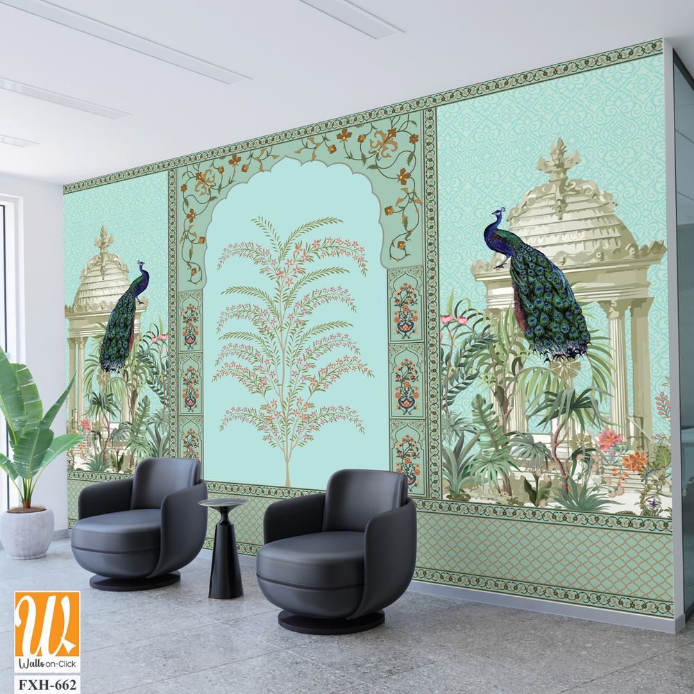 Traditional Mughal Wall Design, Mughal Arch, Peacock, Flower, Seamless Border, Dome. [WP-FXH-662]