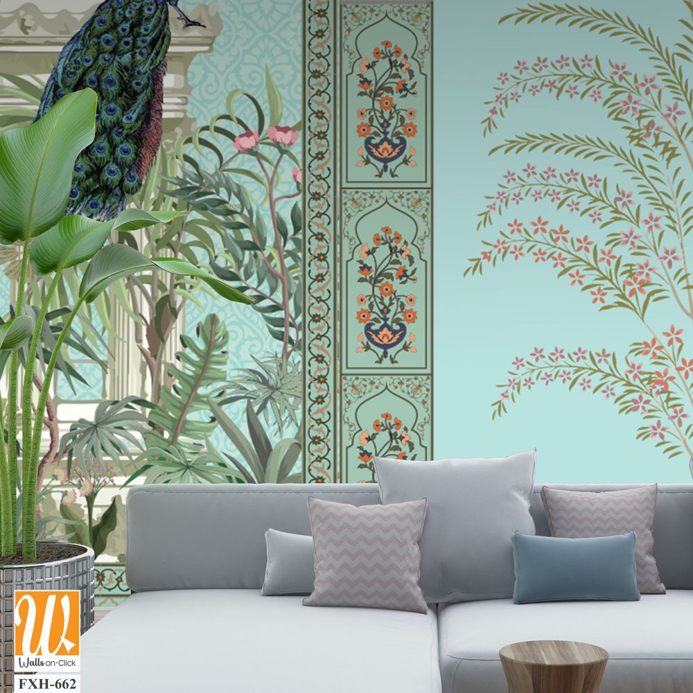 Traditional Mughal Wall Design, Mughal Arch, Peacock, Flower, Seamless Border, Dome. [WP-FXH-662]