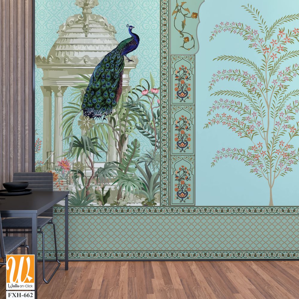 Traditional Mughal Wall Design, Mughal Arch, Peacock, Flower, Seamless Border, Dome. [WP-FXH-662]