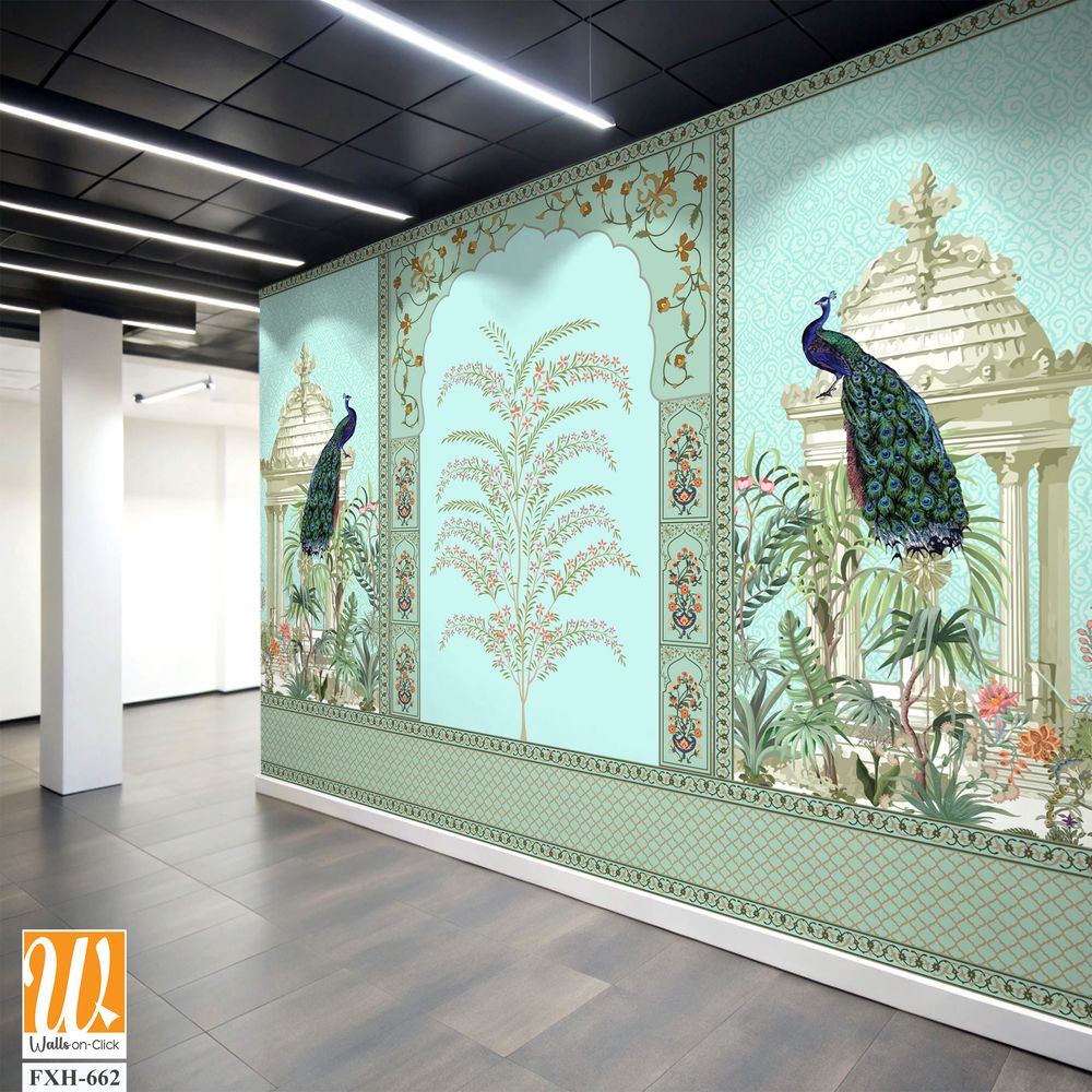 Traditional Mughal Wall Design, Mughal Arch, Peacock, Flower, Seamless Border, Dome. [WP-FXH-662]