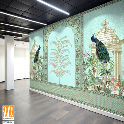 Traditional Mughal Wall Design, Mughal Arch, Peacock, Flower, Seamless Border, Dome. [WP-FXH-662]