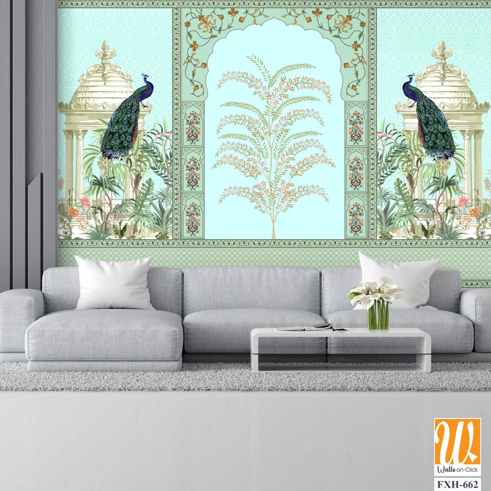 Traditional Mughal Wall Design, Mughal Arch, Peacock, Flower, Seamless Border, Dome. [WP-FXH-662]