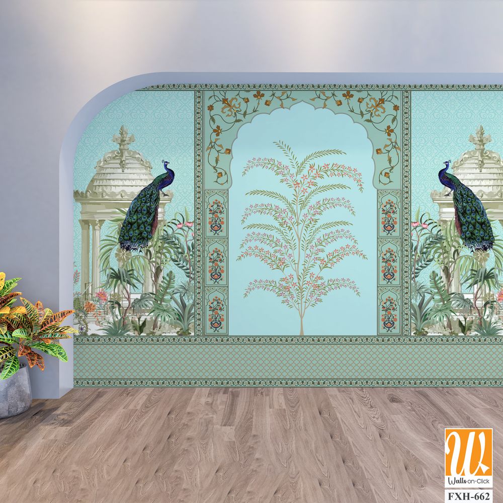 Traditional Mughal Wall Design, Mughal Arch, Peacock, Flower, Seamless Border, Dome. [WP-FXH-662]