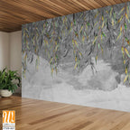 Branches with leaves hang from above on a textured gray background, art drawing, photo wallpaper for the interior. [WP-FXH-663]