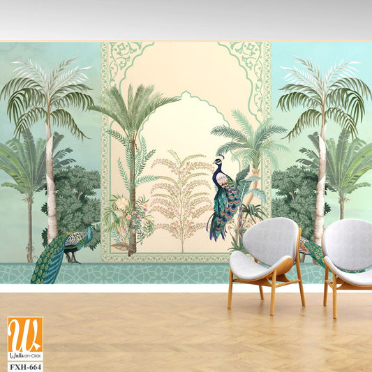 Mughal decorative garden with peacock frame for wedding invitation vector. [WP-FXH-664]