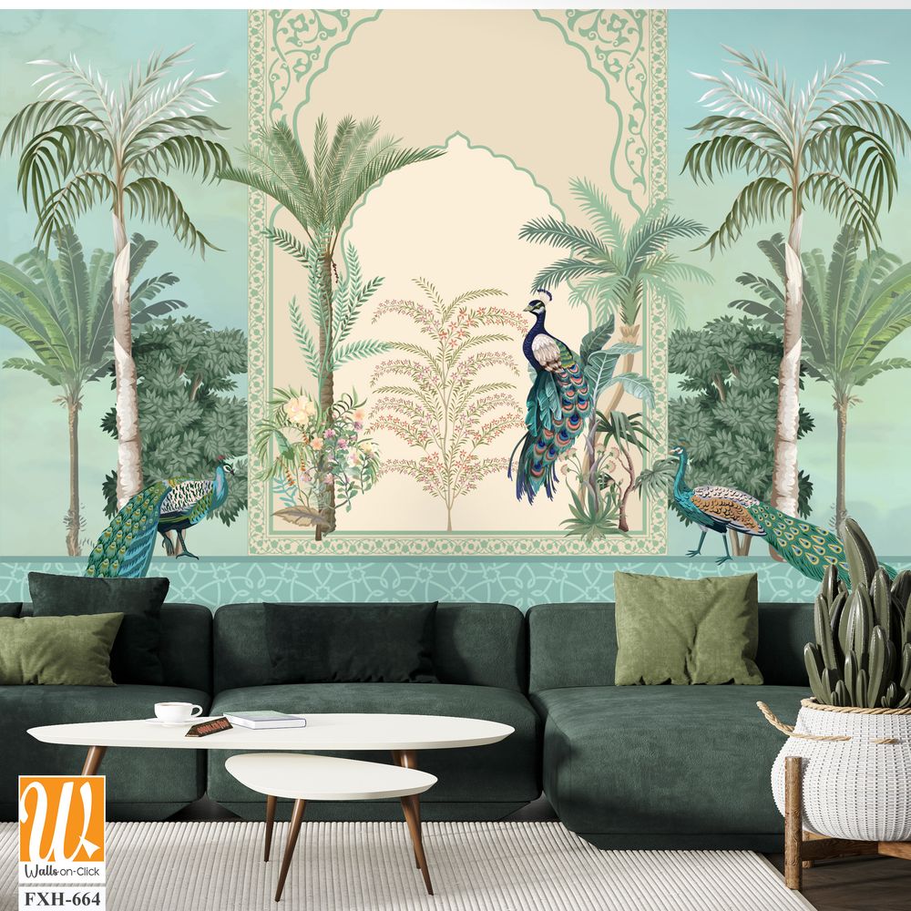 Mughal decorative garden with peacock frame for wedding invitation vector. [WP-FXH-664]