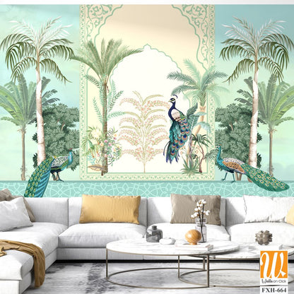 Mughal decorative garden with peacock frame for wedding invitation vector. [WP-FXH-664]