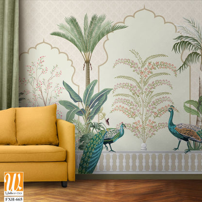 Traditional Mughal Background Design, Peacock, Tree, Seamless, Mughal Arch. [WP-FXH-665]