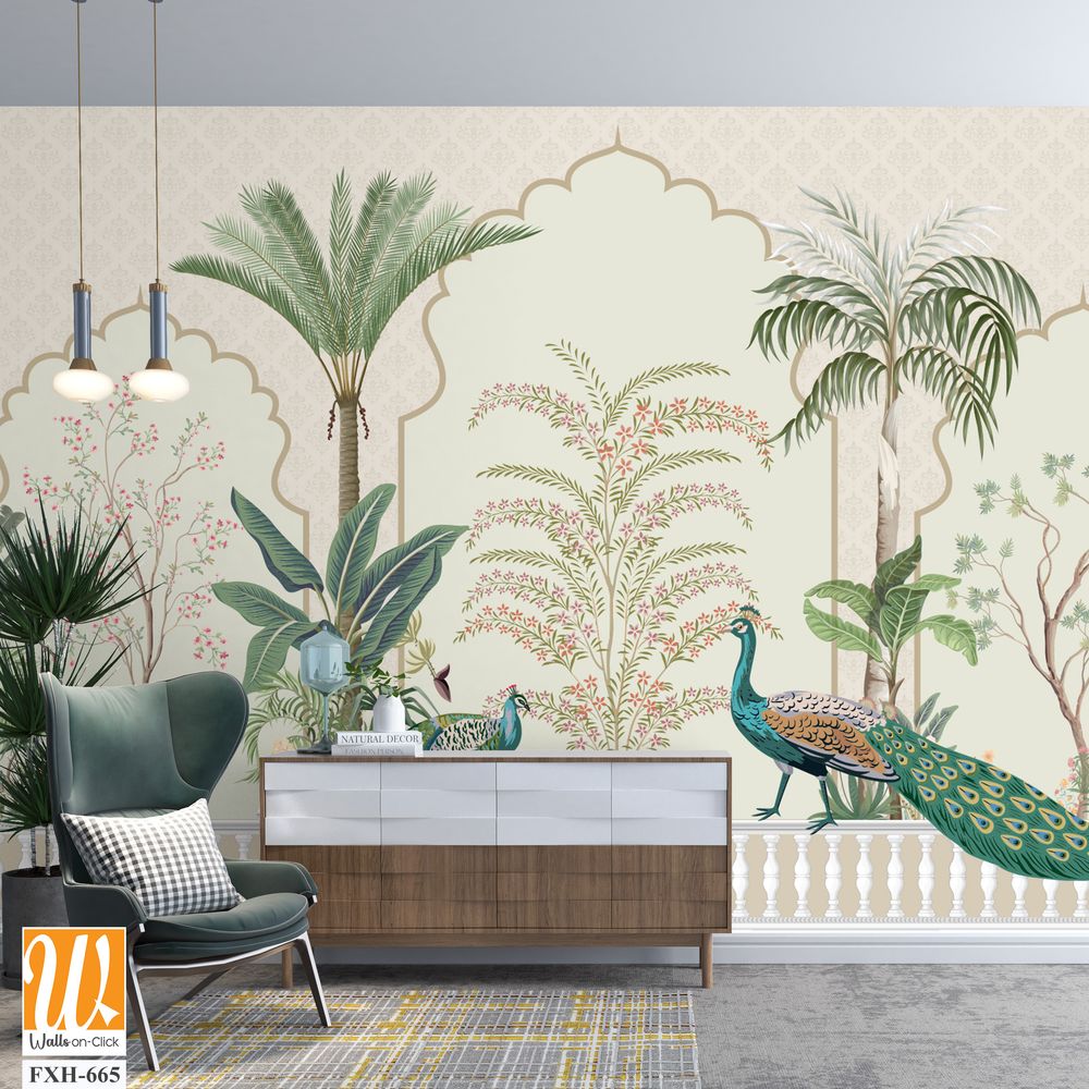 Traditional Mughal Background Design, Peacock, Tree, Seamless, Mughal Arch. [WP-FXH-665]