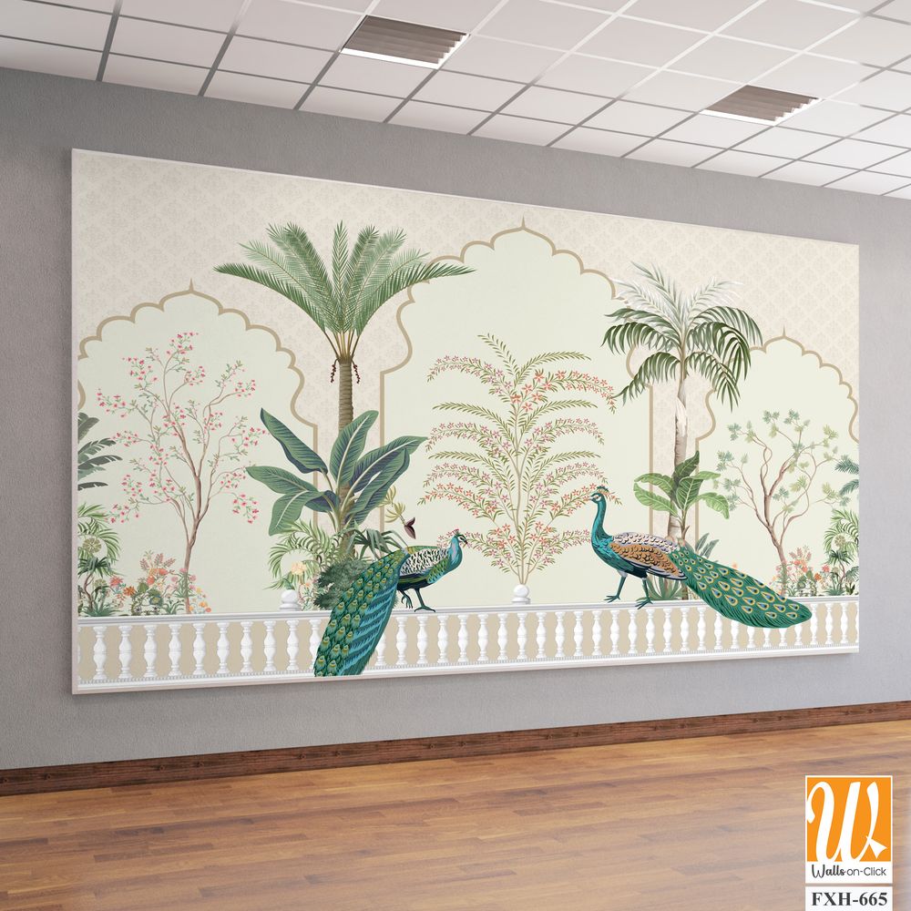 Traditional Mughal Background Design, Peacock, Tree, Seamless, Mughal Arch. [WP-FXH-665]