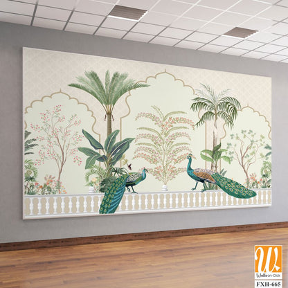 Traditional Mughal Background Design, Peacock, Tree, Seamless, Mughal Arch. [WP-FXH-665]