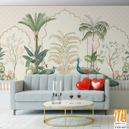 Traditional Mughal Background Design, Peacock, Tree, Seamless, Mughal Arch. [WP-FXH-665]