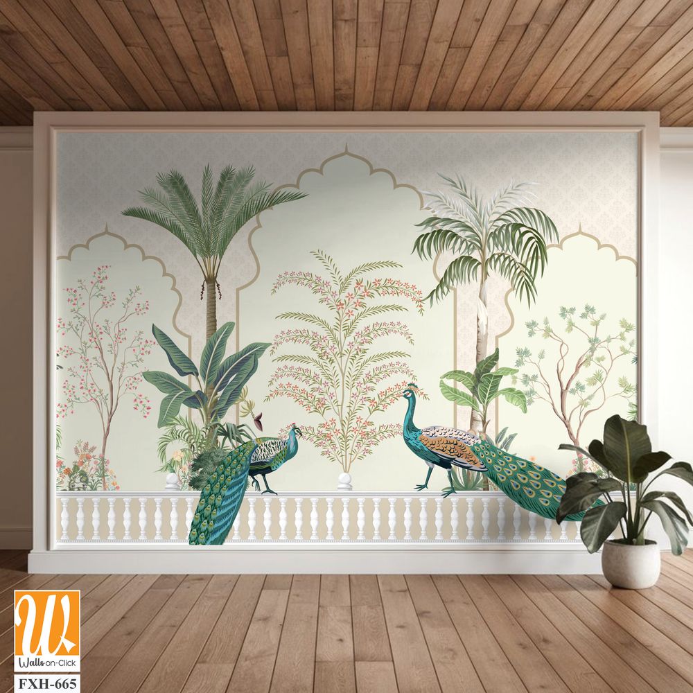Traditional Mughal Background Design, Peacock, Tree, Seamless, Mughal Arch. [WP-FXH-665]