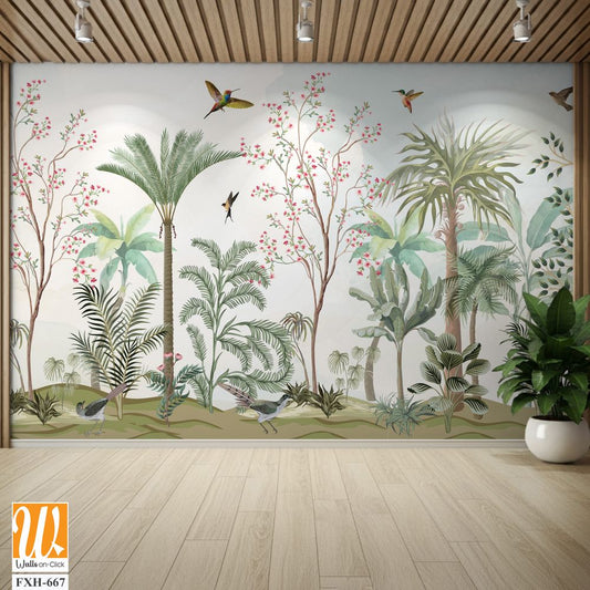 Bird and Branch Mural in Peach Sunrise, Tropical plant, garden, watercolor background. [WP-FXH-667]