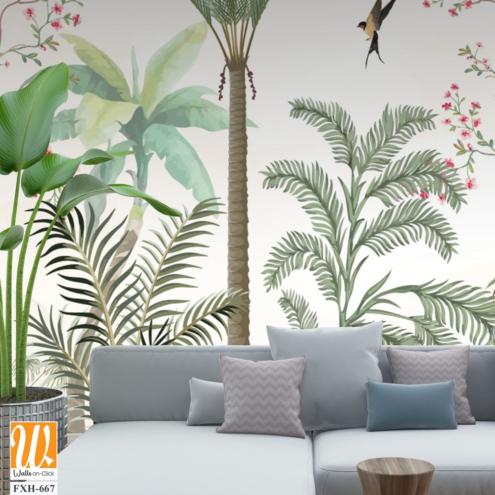 Bird and Branch Mural in Peach Sunrise, Tropical plant, garden, watercolor background. [WP-FXH-667]
