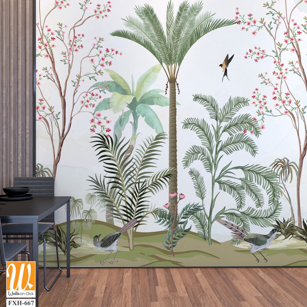 Bird and Branch Mural in Peach Sunrise, Tropical plant, garden, watercolor background. [WP-FXH-667]