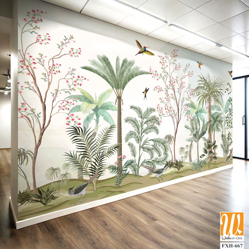 Bird and Branch Mural in Peach Sunrise, Tropical plant, garden, watercolor background. [WP-FXH-667]