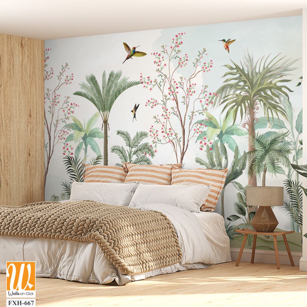 Bird and Branch Mural in Peach Sunrise, Tropical plant, garden, watercolor background. [WP-FXH-667]